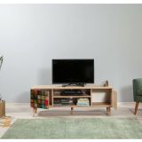 Mobile porta TV Amalthea, Supporto per televisione da salotto, Credenza bassa da soggiorno, Base porta TV, 140x40h50 cm, Quercia e Multicolore