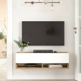 Mobile porta TV Ananke, Supporto per televisione da salotto, Credenza bassa da soggiorno, Base porta TV, 100x32h29 cm, Quercia e Bianco