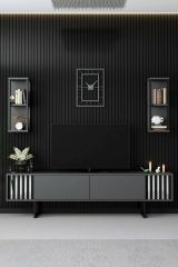 Mobile porta TV Ananke, Supporto per televisione da salotto, Credenza bassa da soggiorno, Base porta TV, 180x30h48 cm, Antracite e Nero