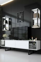 Mobile porta TV Ananke, Supporto per televisione da salotto, Credenza bassa da soggiorno, Base porta TV, 180x30h48 cm, Bianco e Nero