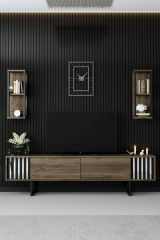 Mobile porta TV Ananke, Supporto per televisione da salotto, Credenza bassa da soggiorno, Base porta TV, 180x30h48 cm, Noce e Nero