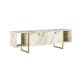 Mobile porta TV Arneb, Supporto per televisione da salotto, Credenza bassa da soggiorno, Base porta TV, 160x40h48 cm, Bianco e Oro