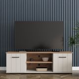 Mobile Porta tv Beige Marrone Rovere 2 Ripiani 2 Ante 137x40x44h cm, Ante Effetto Rigato - Valda