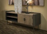 Mobile porta TV Berlingo, Credenza da soggiorno, Armadio basso per TV, Base parete attrezzata, 150x42 h58 cm, Grigio e Marrone