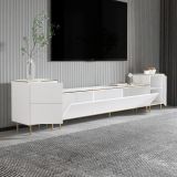 Mobile Porta tv Bianco Bianco Marmo 2 Ripiani 5 Ante 260x35x45h cm, con Finiture oro - Cortin