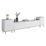 Mobile Porta tv Bianco Bianco Marmo 2 Ripiani 5 Ante 260x35x45h cm, con Finiture oro - Cortin