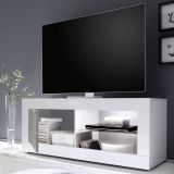 Mobile Porta tv Bianco Lucido Grigio Cemento 2 Ripiani Apertura Maniglia 140x43x56h cm, 4 Vani Made in Italy - Gambara