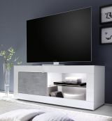 Mobile Porta tv Bianco Lucido Grigio Cemento 2 Ripiani Apertura Maniglia 140x43x56h cm, 4 Vani Made in Italy - Gambara