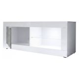 Mobile Porta tv Bianco Lucido Grigio Cemento 2 Ripiani Apertura Maniglia 140x43x56h cm, 4 Vani Made in Italy - Gambara