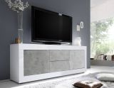 Mobile Porta tv Bianco Lucido Grigio Cemento 2 Vani Apertura Maniglia 210x43x65h cm, 86 Pollici Made in Italy - Sinello