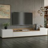 Mobile Porta tv Bianco Lucido Marrone Rovere 3 Ripiani 3 Ante 200x35x30h cm, 4 Vani Made in Italy - Oxanna