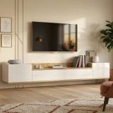Mobile Porta tv Bianco Lucido Marrone Rovere 3 Ripiani 3 Ante 200x35x30h cm, 4 Vani Made in Italy - Oxanna