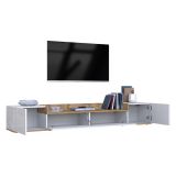 Mobile Porta tv Bianco Lucido Marrone Rovere 3 Ripiani 3 Ante 200x35x30h cm, 4 Vani Made in Italy - Oxanna