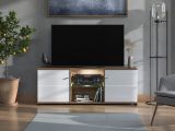 Mobile Porta tv Bianco Marrone Noce 4 Ripiani 2 Ante 157x40x59.5h cm, Ripiano in Vetro - Cedegolo