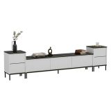 Mobile Porta tv Bianco Nero Marmo 2 Ripiani 5 Ante 260x35x45h cm, con Finiture oro - Cortin