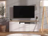 Mobile Porta tv Bianco Opaco Marrone Rovere 2 Cassetti 2 Ripiani 154x40x55.5h cm, Apertura Battente, Scorrevole - Melzo