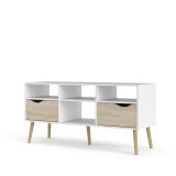 Mobile porta TV Brigitte, Credenza da soggiorno, Armadio basso per TV, Base parete attrezzata, 117x39 h57 cm, Bianco e Quercia