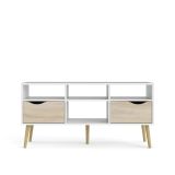Mobile porta TV Brigitte, Credenza da soggiorno, Armadio basso per TV, Base parete attrezzata, 117x39 h57 cm, Bianco e Quercia