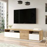 Mobile porta TV Carme, Supporto per televisione da salotto, Credenza bassa da soggiorno, Base porta TV, 180x45h45 cm, Quercia e Bianco