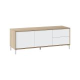 Mobile porta TV Cary, Credenza per televisione a 2 ante, Supporto TV da soggiorno, Mobile porta TV, Madia per salotto, 130x41h47 cm, Rovere e Bianco