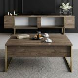 Mobile porta TV Centaurus, Supporto per televisione da salotto, Credenza bassa da soggiorno, Base porta TV, 180x30h50 cm, Noce e Oro