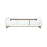 Mobile porta TV Cor, Supporto per televisione da salotto, Credenza bassa da soggiorno, Base porta TV, 180x35h49 cm, Bianco e Rovere