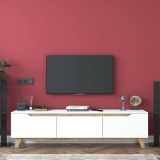 Mobile porta TV Cor, Supporto per televisione da salotto, Credenza bassa da soggiorno, Base porta TV, 180x35h49 cm, Bianco e Rovere