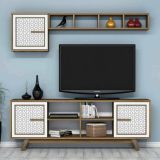 Mobile porta TV Diph, Supporto per televisione da salotto, Credenza bassa da soggiorno, Base porta TV, 160x35h56 cm, Noce e Bianco