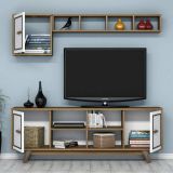 Mobile porta TV Diph, Supporto per televisione da salotto, Credenza bassa da soggiorno, Base porta TV, 160x35h56 cm, Noce e Bianco