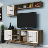 Mobile porta TV Diph, Supporto per televisione da salotto, Credenza bassa da soggiorno, Base porta TV, 160x35h56 cm, Noce e Bianco