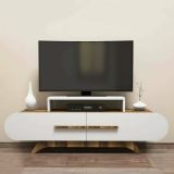Mobile porta TV Dubh, Supporto per televisione da salotto, Credenza bassa da soggiorno, Base porta TV, 145x37h50 cm, Noce e Bianco