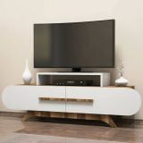 Mobile porta TV Dubh, Supporto per televisione da salotto, Credenza bassa da soggiorno, Base porta TV, 145x37h50 cm, Noce e Bianco