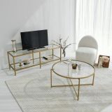 Mobile porta TV Electra, Supporto per televisione da salotto, Credenza bassa da soggiorno, Base porta TV, 130x40h45 cm, Oro