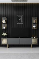 Mobile porta TV Eunomia, Supporto per televisione da salotto, Credenza bassa da soggiorno, Base porta TV, 180x30h48 cm, Antracite e Nero