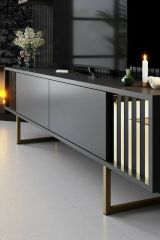 Mobile porta TV Eunomia, Supporto per televisione da salotto, Credenza bassa da soggiorno, Base porta TV, 180x30h48 cm, Antracite e Nero
