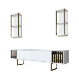 Mobile porta TV Eunomia, Supporto per televisione da salotto, Credenza bassa da soggiorno, Base porta TV, 180x30h48 cm, Bianco e Oro