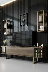 Mobile porta TV Eunomia, Supporto per televisione da salotto, Credenza bassa da soggiorno, Base porta TV, 180x30h48 cm, Noce e Nero