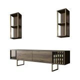Mobile porta TV Eunomia, Supporto per televisione da salotto, Credenza bassa da soggiorno, Base porta TV, 180x30h48 cm, Noce e Nero