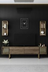 Mobile porta TV Eunomia, Supporto per televisione da salotto, Credenza bassa da soggiorno, Base porta TV, 180x30h48 cm, Noce e Nero