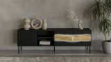 Mobile porta TV Feira, Madia da salotto con tre ante battenti e due vani, Con luci led, Rialzato da terra, 190x40 h62 cm, Nero e Rovere Nodi