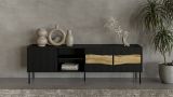 Mobile porta TV Feira, Madia da salotto con tre ante battenti e due vani, Con luci led, Rialzato da terra, 190x40 h62 cm, Nero e Rovere Nodi