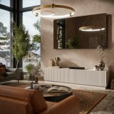 Mobile porta TV Horta, Madia da salotto con quattro ante battenti, Design minimal e moderno, 200x40 h48 cm, Beige
