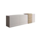 Mobile porta TV Iseo, Credenza da soggiorno, Armadio basso per TV, Base parete attrezzata, Made in Italy, 181x44 h59 cm, Bianco lucido e Rovere