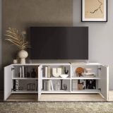 Mobile porta TV Iseo, Credenza da soggiorno, Armadio basso per TV, Base parete attrezzata, Made in Italy, 181x44 h59 cm, Bianco lucido e Rovere