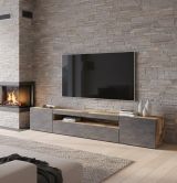 Mobile porta TV Jesse, Credenza bassa da soggiorno a 3 ante, Base porta TV, 100% Made in Italy, cm 200x40h37, Acero e Ardesia, con luce LED