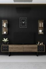 Mobile porta TV Kaus, Supporto per televisione da salotto, Credenza bassa da soggiorno, Base porta TV, 180x30h48 cm, Noce e Nero