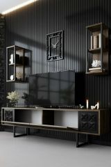 Mobile porta TV Kaus, Supporto per televisione da salotto, Credenza bassa da soggiorno, Base porta TV, 180x30h48 cm, Noce e Nero