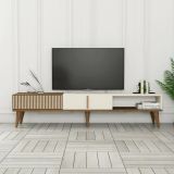 Mobile porta TV Kepler, Credenza da soggiorno, Armadio basso per TV, Base parete attrezzata, 180x35 h40 cm, Noce e Crema