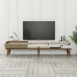 Mobile porta TV Kepler, Credenza da soggiorno, Armadio basso per TV, Base parete attrezzata, 180x35 h40 cm, Noce e Crema