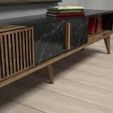 Mobile porta TV Kepler, Credenza da soggiorno, Armadio basso per TV, Base parete attrezzata, 180x35 h40 cm, Noce e Nero